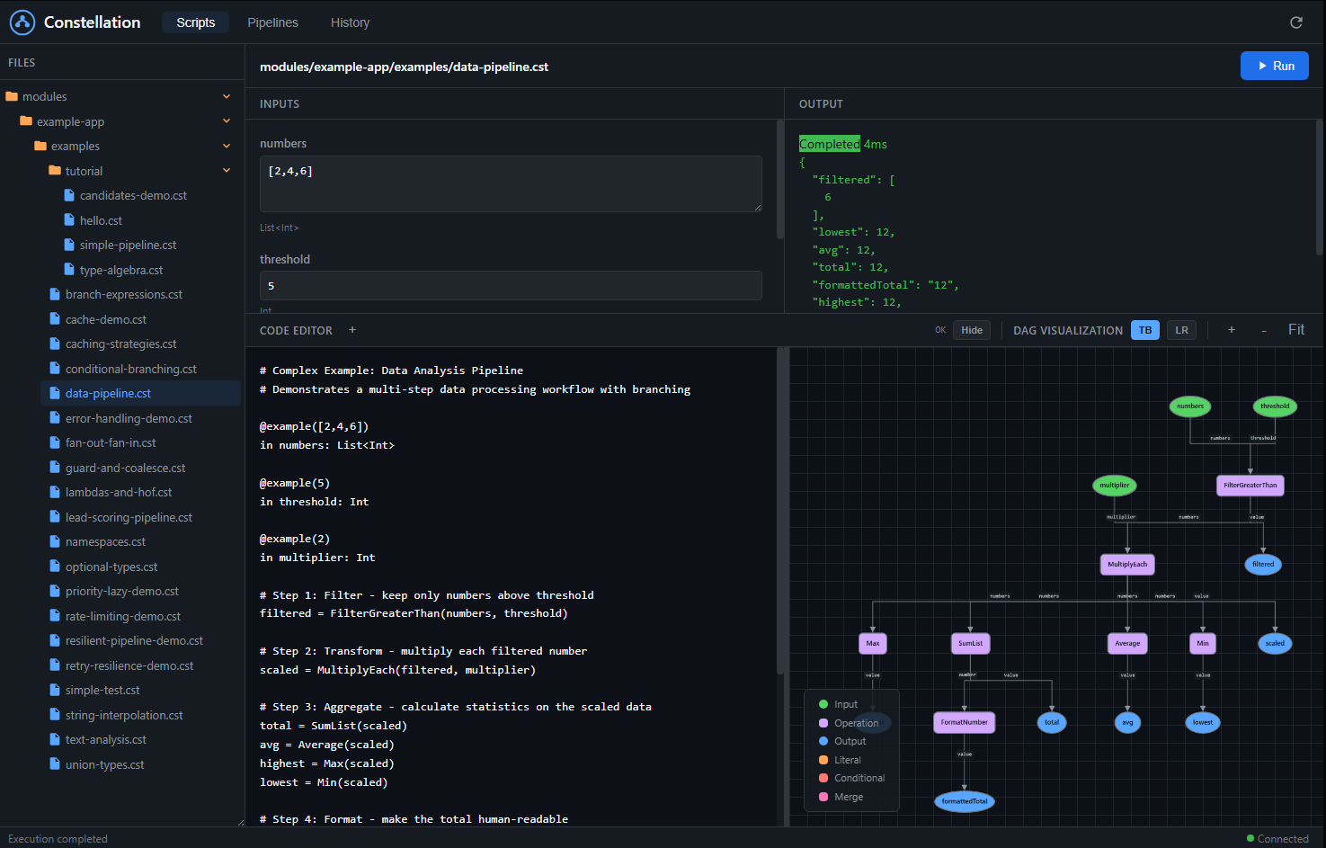 Constellation Dashboard showing file browser, code editor, and DAG visualization