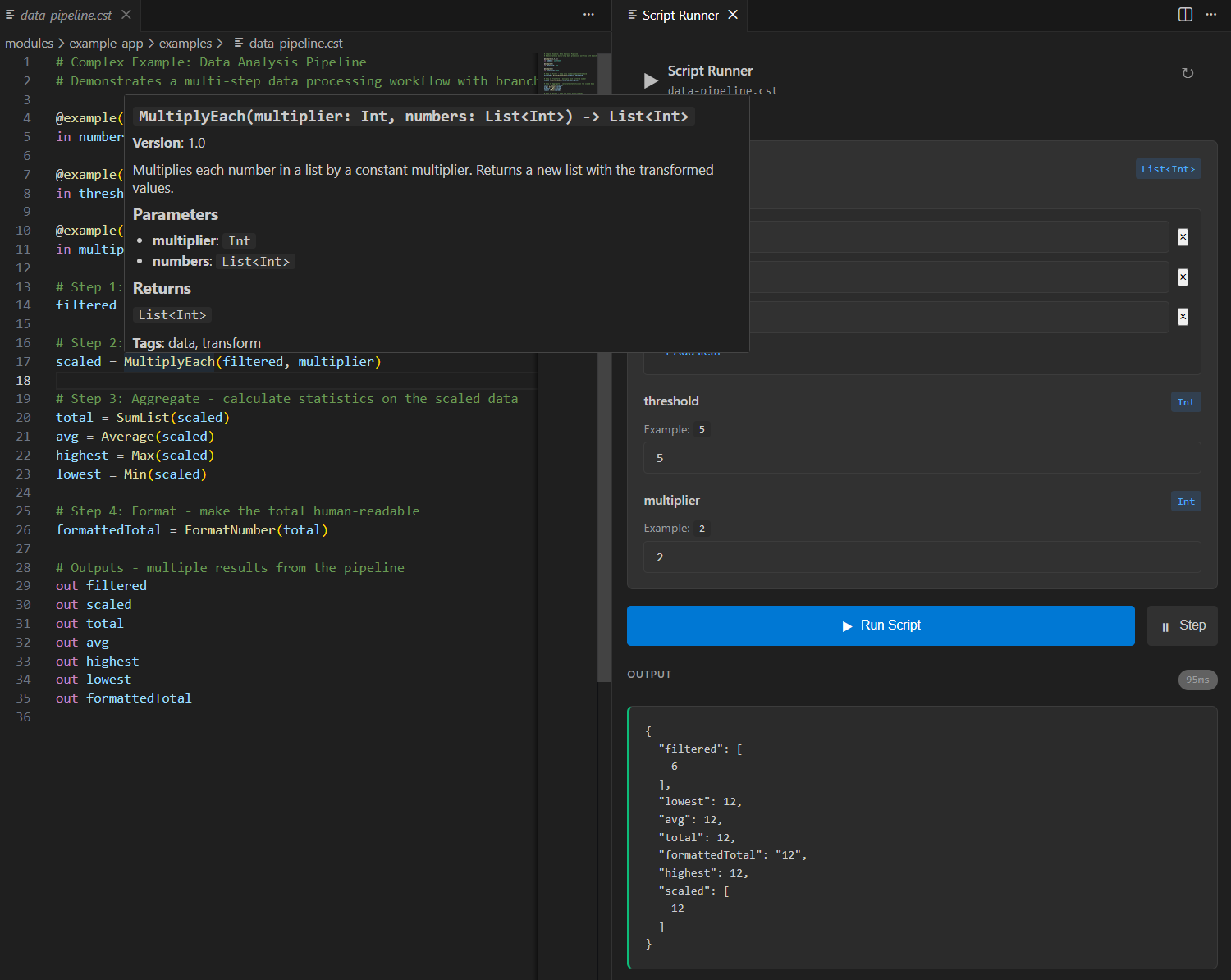 VSCode showing Constellation LSP with hover documentation and Script Runner